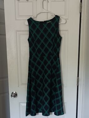 Sleeveless Black and Green Windowpane Fit-and-Flare Dress